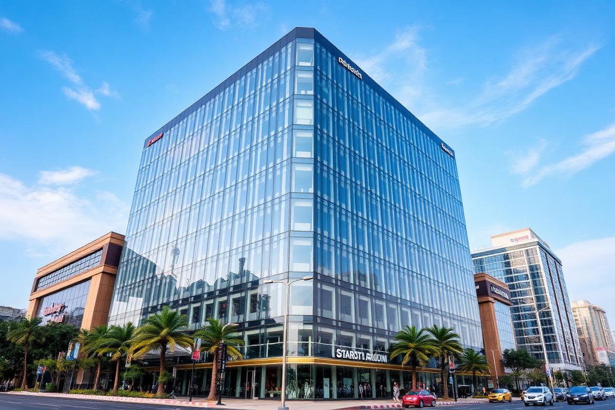 Modern glass commercial building with retail frontage