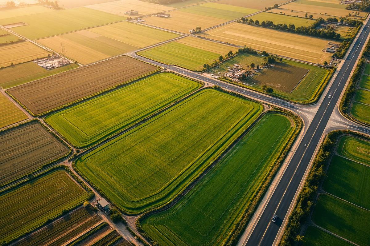 Aerial view of agricultural investment land beside a highway