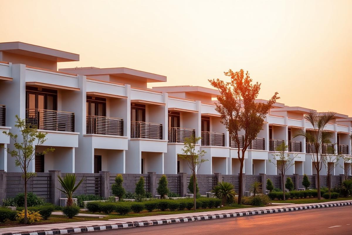 Premium row houses in a Pithampur residential township at golden hour