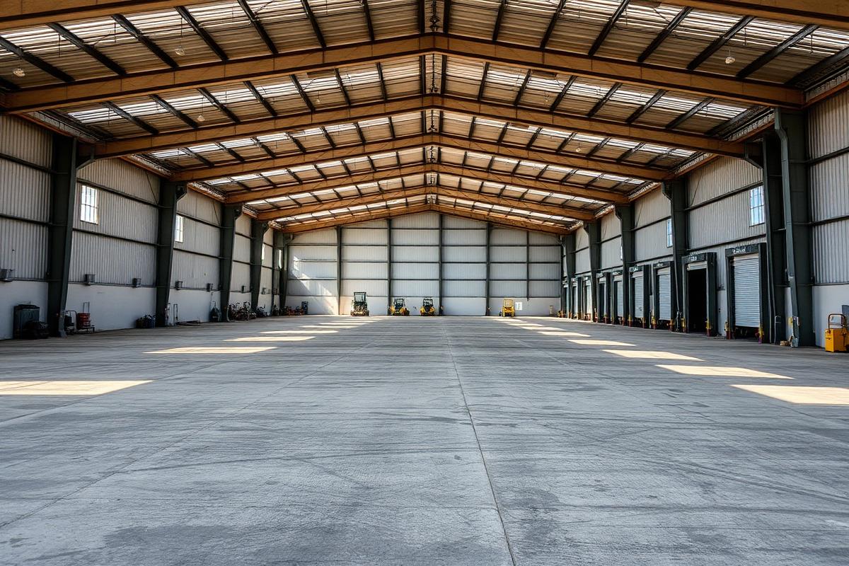 Large industrial warehouse shed interior with wide concrete floor